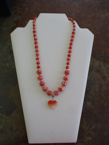 Orange Glass Beads Pink Gold Metal Beads Orange White Heart Pendant Necklace (N1485)