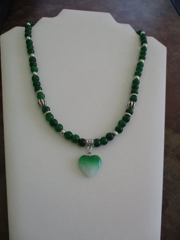Green Glass Beads Silver Beads Green White Heart Pendant Necklace (N1491)