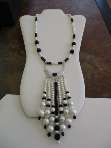 Black Beads White Pearls Silver Bib Pendant with Bead Tassel Necklace (N1493)