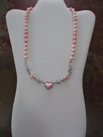 Pink Pearls 3 Hearts Pendants Necklace (N1495)
