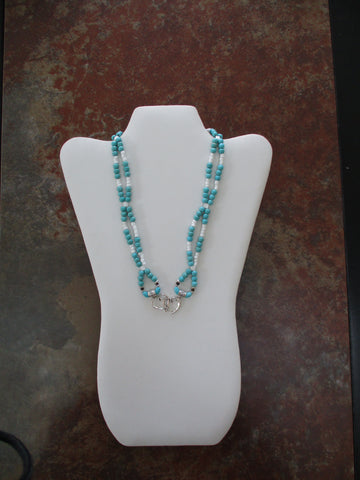 Turquoise White Glass Beads Double Row Double Silver Hearts Pendant (N1500)