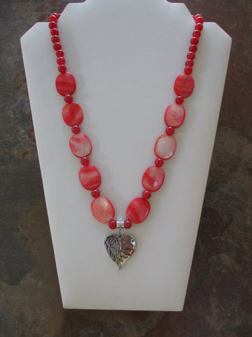 Red Mother of Pearl Shell Beads, Red Glass Beads Silver Heart Wing Pendant Necklace (N1511)