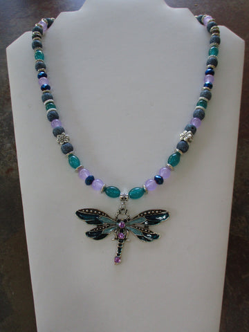 Silver, Blue, Teal Purple Beads. Dragonfly Pendant Necklace (N1512)