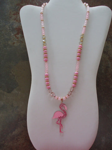 Pink Glass Beads Gold Spacer Beads Pink Flamingo Pendant Necklace (N1520)