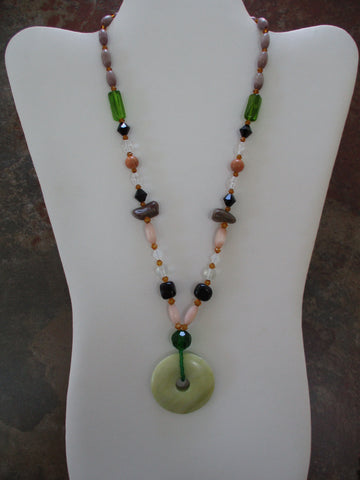 Multi Colored Glass Beads, Black and Brown Stones, Green Doughnut Shaped Stone Pendant Necklace (N1529)