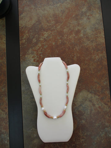 Pink Bamboo Acrylic Beads, Gold Spacer Beads, Faux Pearl Nugets Necklace (N1531)