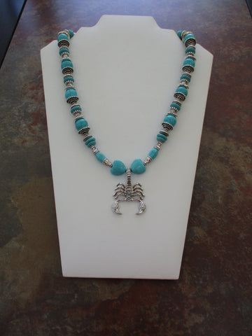 Turquoise Glass Beads, Silver Cones & Spacer Beads Scorpion Pendant Necklace (N1537)