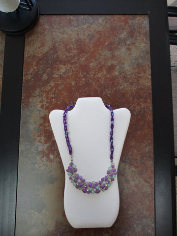 Purple Blue Glass Seed Beads Purple Blue Bib Bling Necklace (N988)