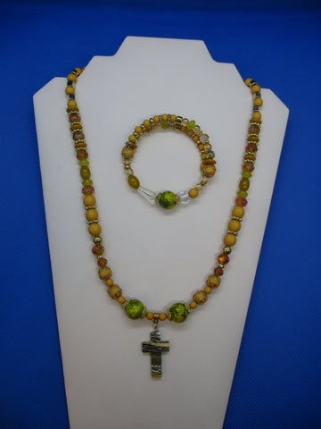 Mustard Yellow Beads Gold Spacer Beads Cross Pendant Necklace Bracelet Set (NB226)