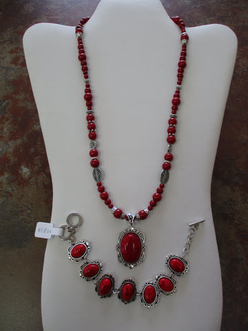 Red Glass Beads, Silver Beads, Red Silver Oval Pendant Necklace Bracelet Set (NB227)