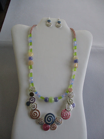 Purple Green Blue Pink Glass Beads Metal Bib Pendant Necklace Earring Set (NE537)