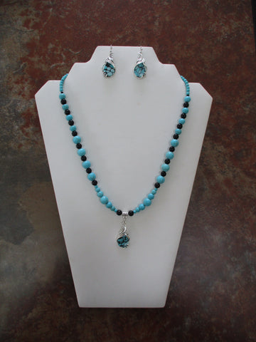 Turquoise, Black Glass Beads Tear Drop Pendant Necklace Earring Set (NE552)