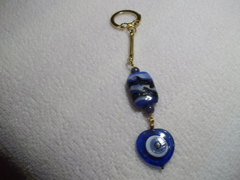 Dark Light Blue Glass Heart Shaped Eye Beads Key Chain (K322)