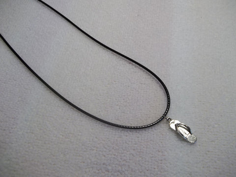 Black Leather Silver Flip Flop Necklace (N351)