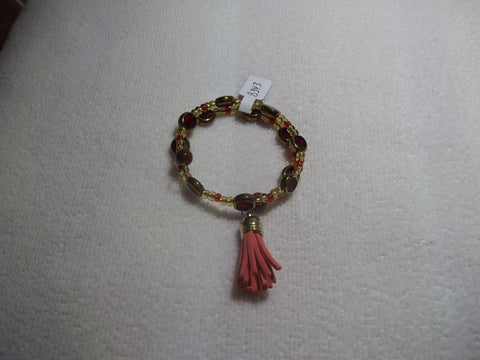 Memory Wire Gold Red Glass Bead Red Tassel Bracelet (B343)