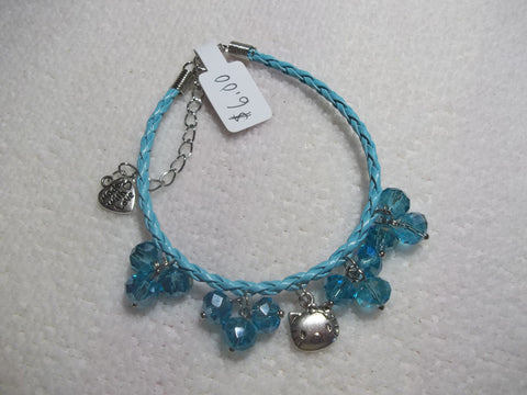 Light Blue Braid Leather Blue Crystals Silver Hello Kitty Bracelet (B379)