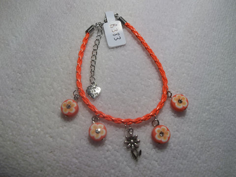 Neon Orange Braid Leather Silver Flower Orange Flowers Bling Bracelet (B383)