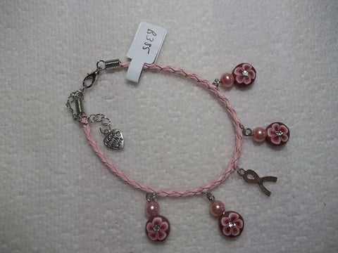Pink Braid Leather Silver Cancer Pink Flower Pink Pearls Bracelet (B385)