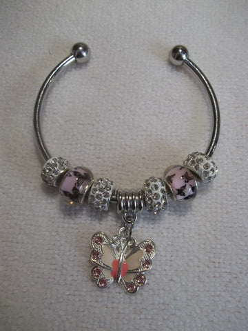 Silver Pink Butterfly Beads White Sparkle Beads White Pink Butterfly Cuff Bracelet (B463)