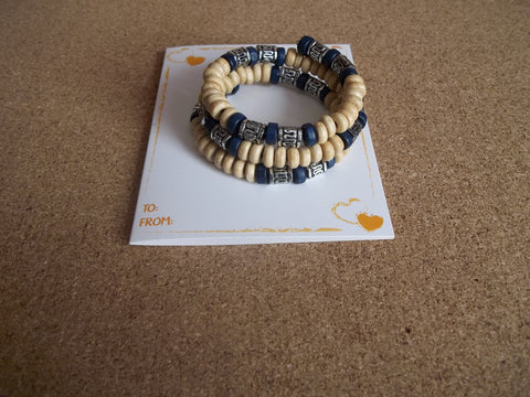 Memory Wire Tan Dark Blue Wooden Beads Bracelet (B487)
