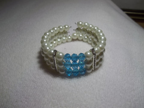 Memory Wire Blue Crystal Silver Bling Pearls Bracelet (B515)