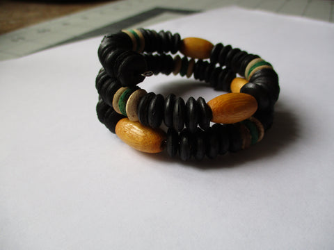 Memory Wire Black Brown Green Wooden Beads Bracelet (B537)