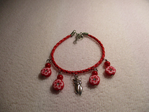 Red Braid leather Red Flowers Silver Owl Pendant Bracelet (B542)