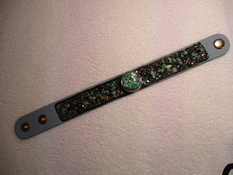 Light Blue Leather Green Rock Chips Snap Button Pendant Snap Bracelet (B545)