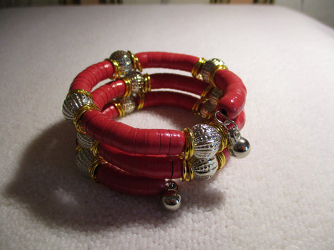 Memory Wire Red Wrap Silver Bead Bracelet (B556)
