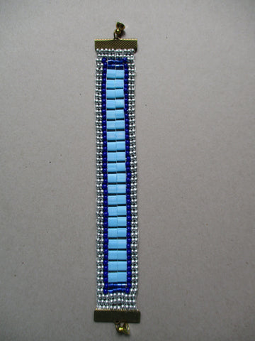 Blue Double Hole Beads Dark Blue Silver Seed Beads Loom Bracelet (B565)