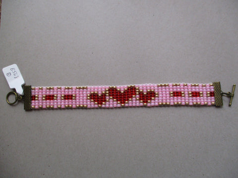 Pink Gold Red Hearts Seed Bead Loom Bracelet (B568)