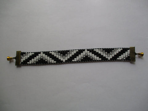 Black Cord sides Black White Silver Seed Beads Loom Bracelet (B569)