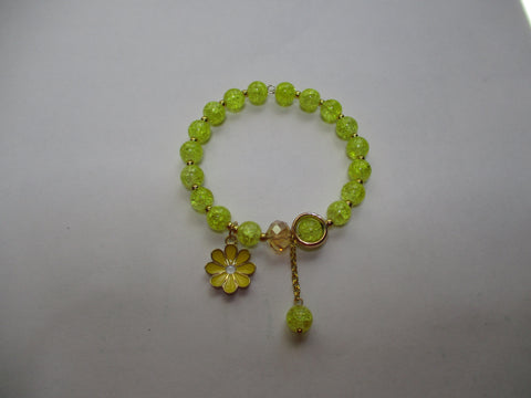 Yellow Crackle Glass Beads Memory Wire Bracelet with Yellow Flower (B599)