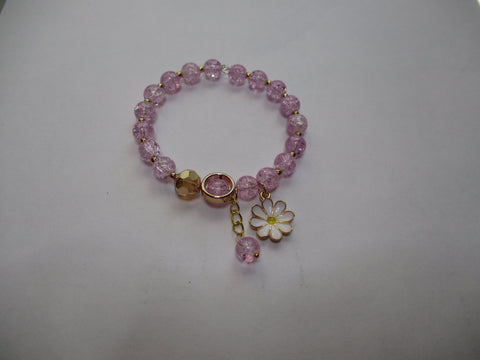 Pink Crackle Glass Beads Memory Wire Bracelet with Flower (B602)