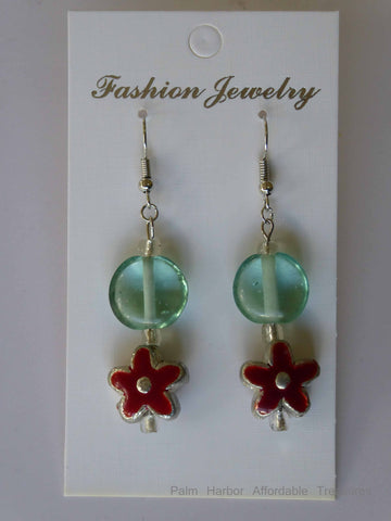 Flat Glass Green Bead Earrings Flowers (E640)