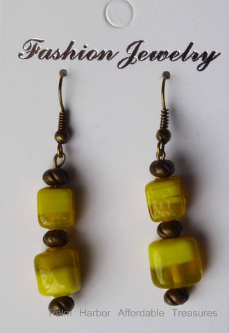 Bronze Yellow Square Glass Bead Earrings (E658)