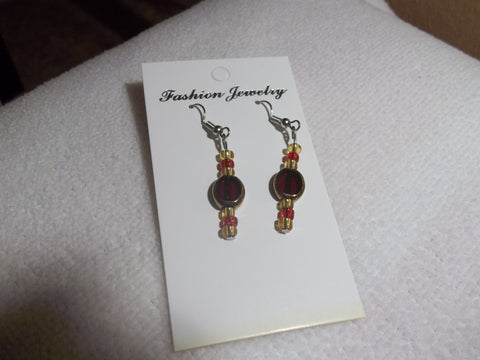 Silver Gold Red Glass Bead Earrings (E729)