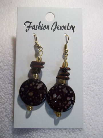 Gold Round Brown Speckle Bead Rocks Earrings (E742)