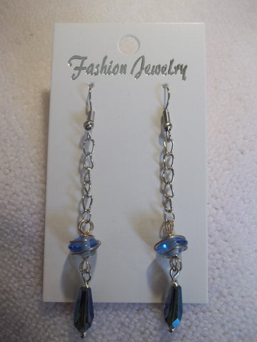 Silver Chain Blue Wrapped Bead Tear Drop Bead Earrings (E743)