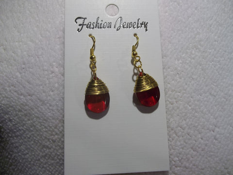 Gold Wrapped Red Glass Tear Drop Earrings (E773)