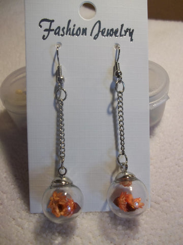 Silver Chain Orange Dried Flower Earrings (E821)