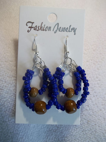 Silver Double Dark Blue Seed Beads Brown Wooden Bead Earrings (E825)