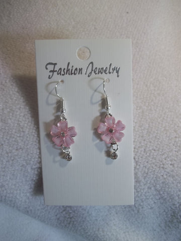 Silver Pink Flower Diamond Earrings (E839)