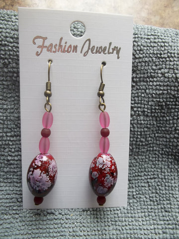 Bronze Red Pink Glass Bead Earrings (E908)