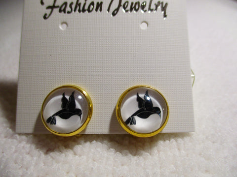 Gold Black Bird Bubble Clip Earrings (E974)