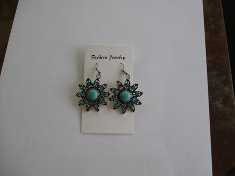 Silver Flower Turquoise Blue Crystals Earrings (E980)