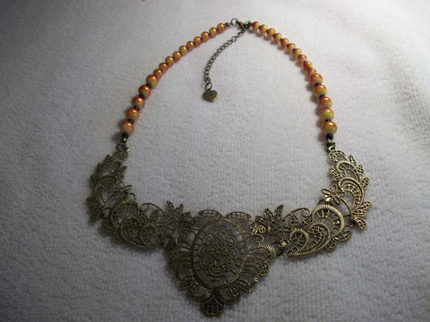 Bronze Bib Red Yellow Glass Beads Necklace (N1002)
