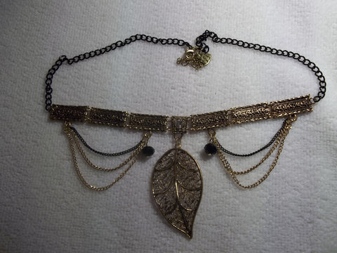 Gold Black Chain, Gold Rectangle Bars Choker Leaf Necklace (N1005)