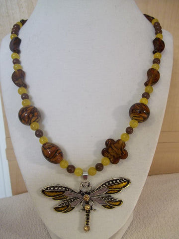 Brown Yellow Glass Bead Dragonfly Pendant Necklace (N1009)