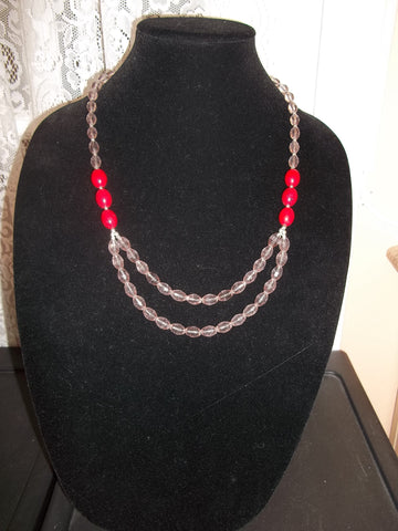 Double Red Glass Bead Pink Crystal Necklace (N1093)